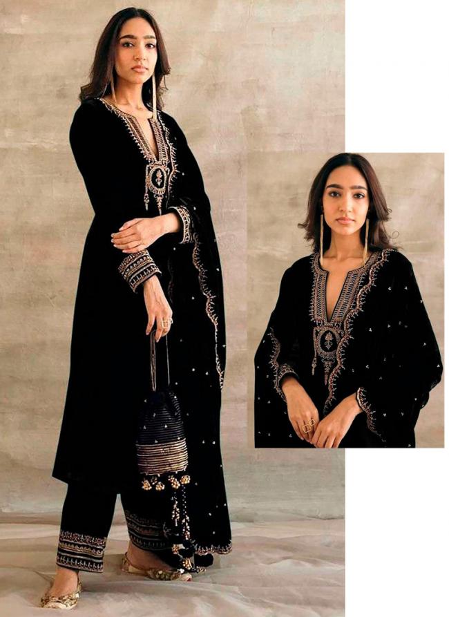 Velvet Black Eid Wear Embroidery Work Pakistani Suit